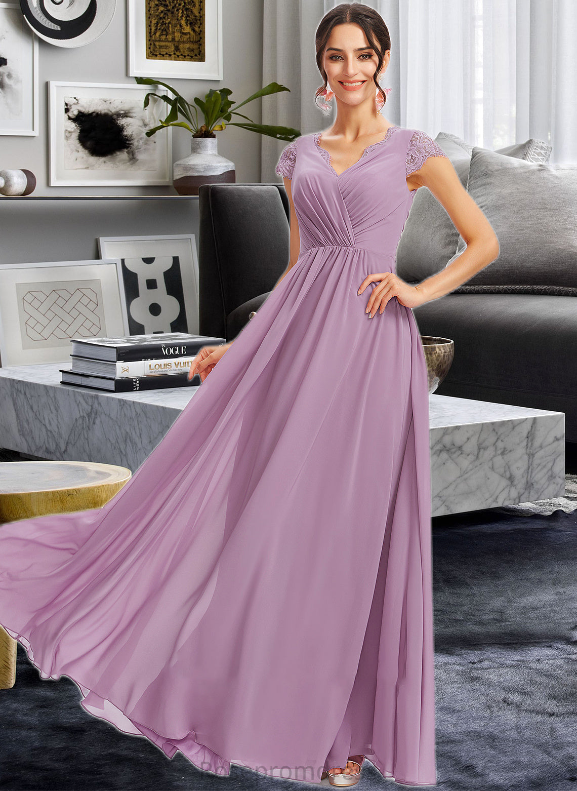 Rebecca A-Line V-neck Floor-Length Bridesmaid Dress With Lace SRSP0013111
