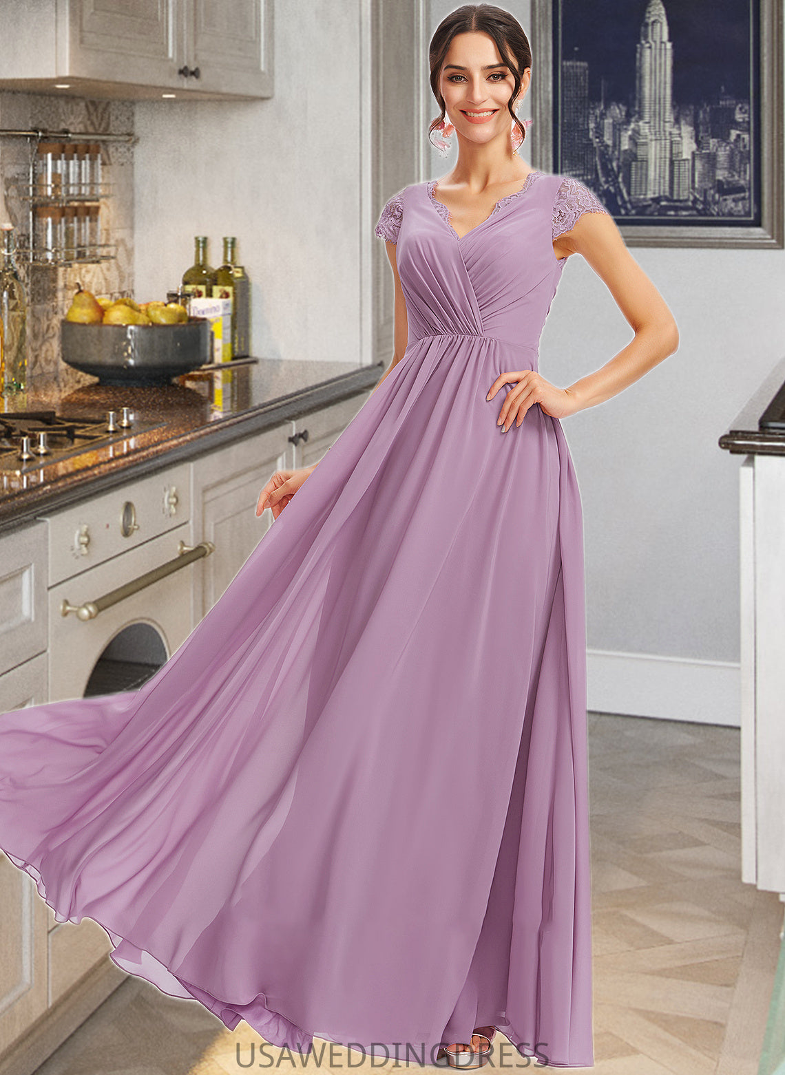 Rebekah A-Line V-neck Floor-Length Bridesmaid Dress With Lace DSP0013111