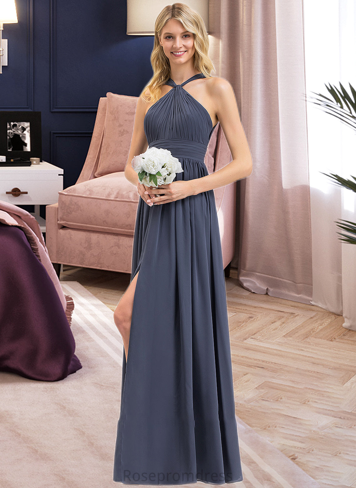 Erin A-Line V-neck Floor-Length Chiffon Bridesmaid Dress With Ruffle Split Front SRSP0013112