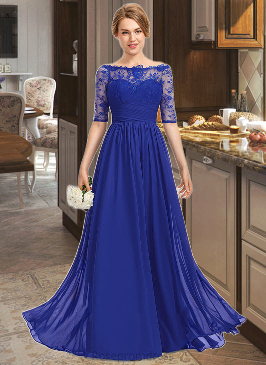Aliana A-line Off the Shoulder Floor-Length Chiffon Lace Bridesmaid Dress With Ruffle SRSP0013113