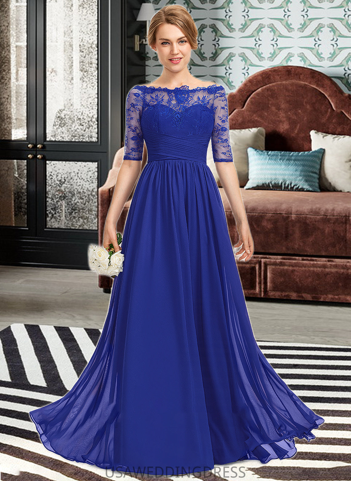Salma A-line Off the Shoulder Floor-Length Chiffon Lace Bridesmaid Dress With Ruffle DSP0013113