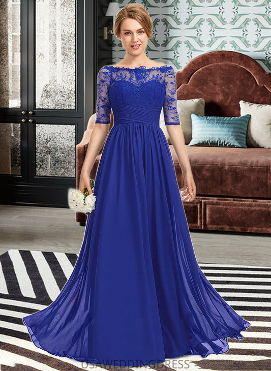 Salma A-line Off the Shoulder Floor-Length Chiffon Lace Bridesmaid Dress With Ruffle DSP0013113