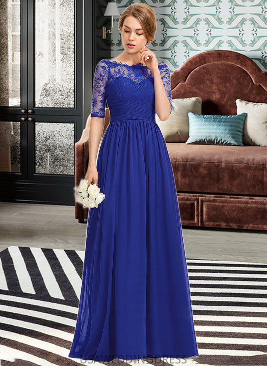 Salma A-line Off the Shoulder Floor-Length Chiffon Lace Bridesmaid Dress With Ruffle DSP0013113