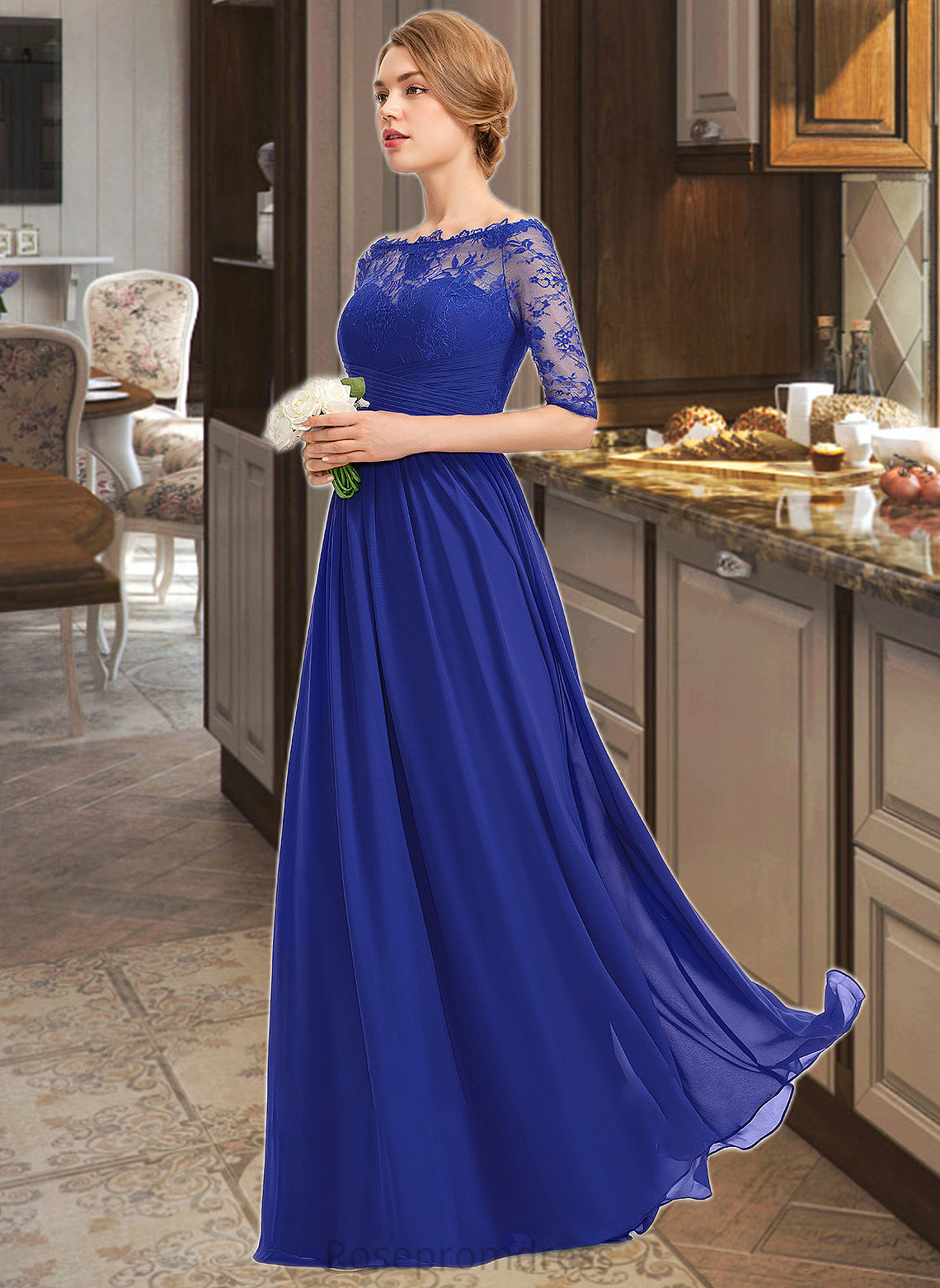 Aliana A-line Off the Shoulder Floor-Length Chiffon Lace Bridesmaid Dress With Ruffle SRSP0013113