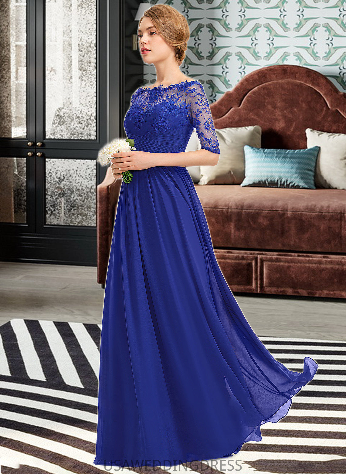 Salma A-line Off the Shoulder Floor-Length Chiffon Lace Bridesmaid Dress With Ruffle DSP0013113