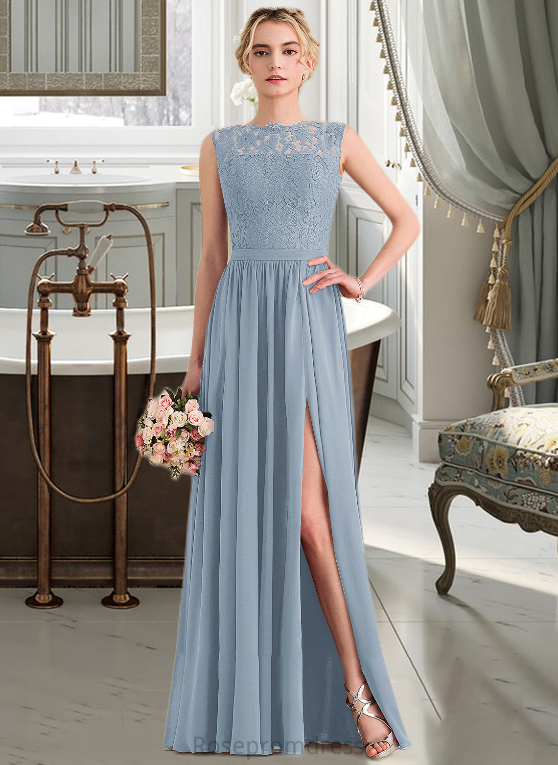 Mavis A-Line Scoop Neck Floor-Length Chiffon Lace Bridesmaid Dress With Split Front SRSP0013114