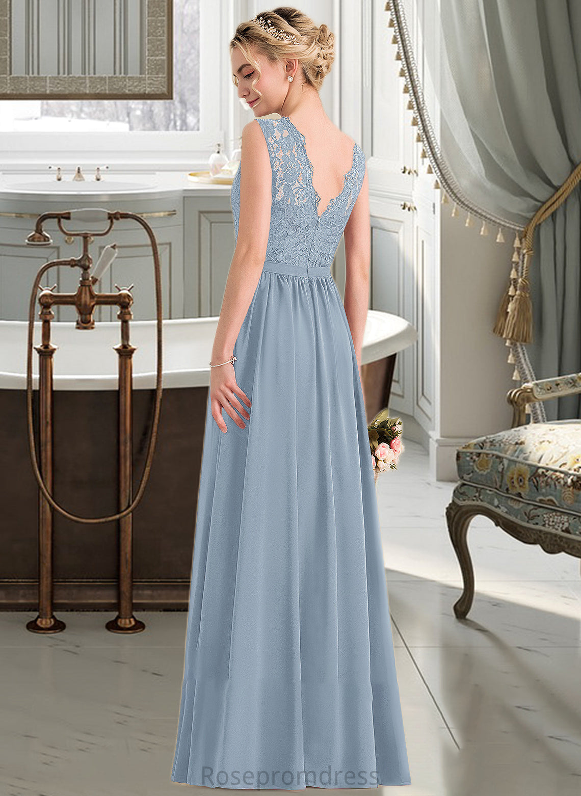 Mavis A-Line Scoop Neck Floor-Length Chiffon Lace Bridesmaid Dress With Split Front SRSP0013114