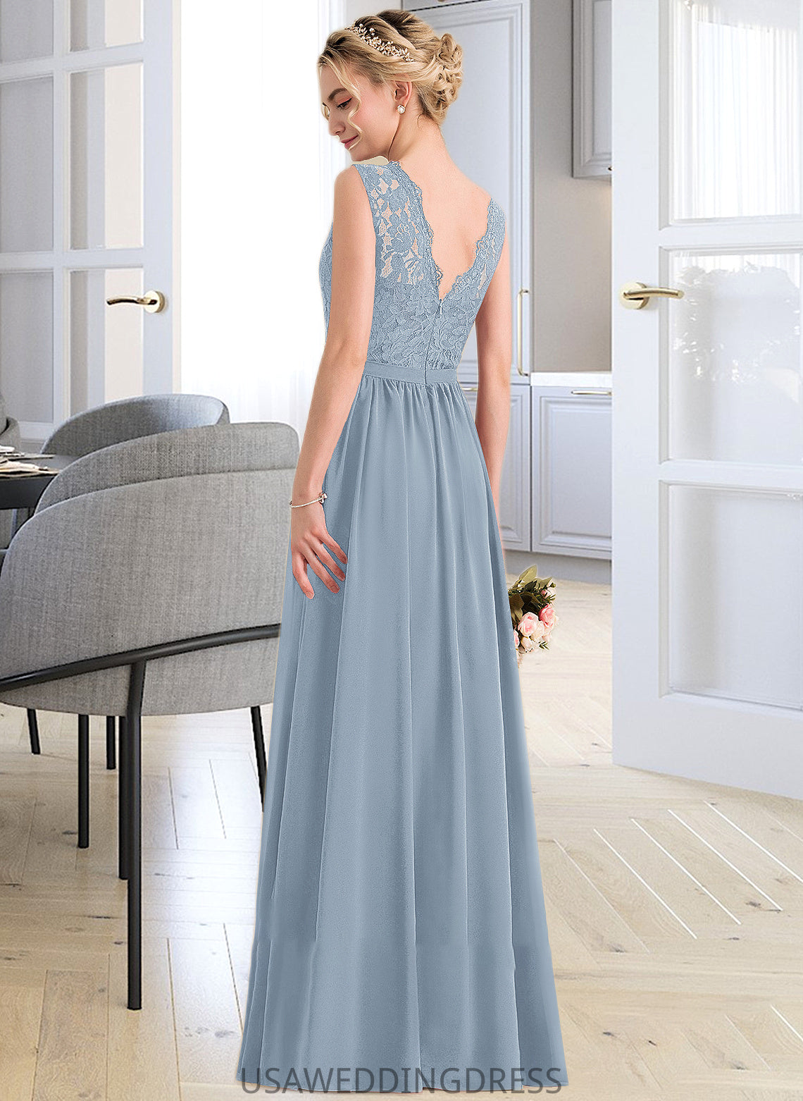 Lailah A-Line Scoop Neck Floor-Length Chiffon Lace Bridesmaid Dress With Split Front DSP0013114