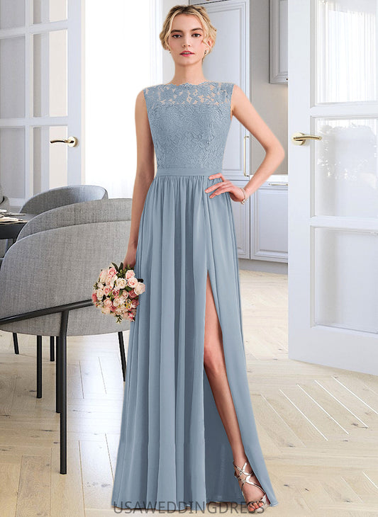 Lailah A-Line Scoop Neck Floor-Length Chiffon Lace Bridesmaid Dress With Split Front DSP0013114