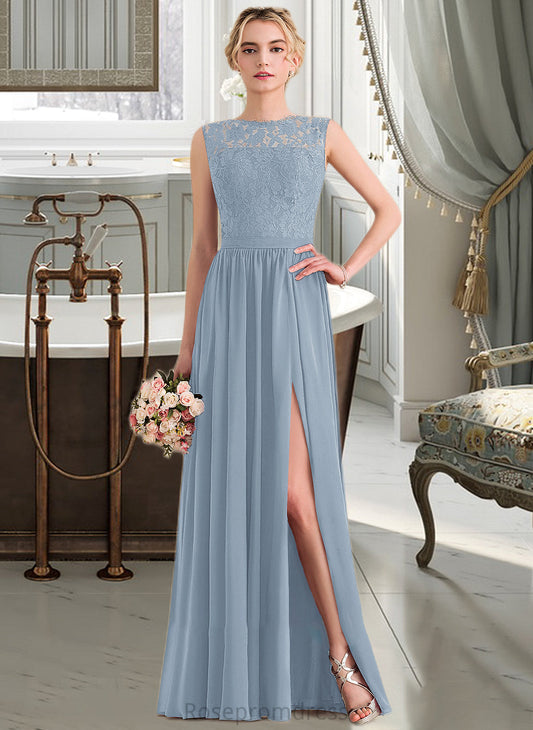 Mavis A-Line Scoop Neck Floor-Length Chiffon Lace Bridesmaid Dress With Split Front SRSP0013114