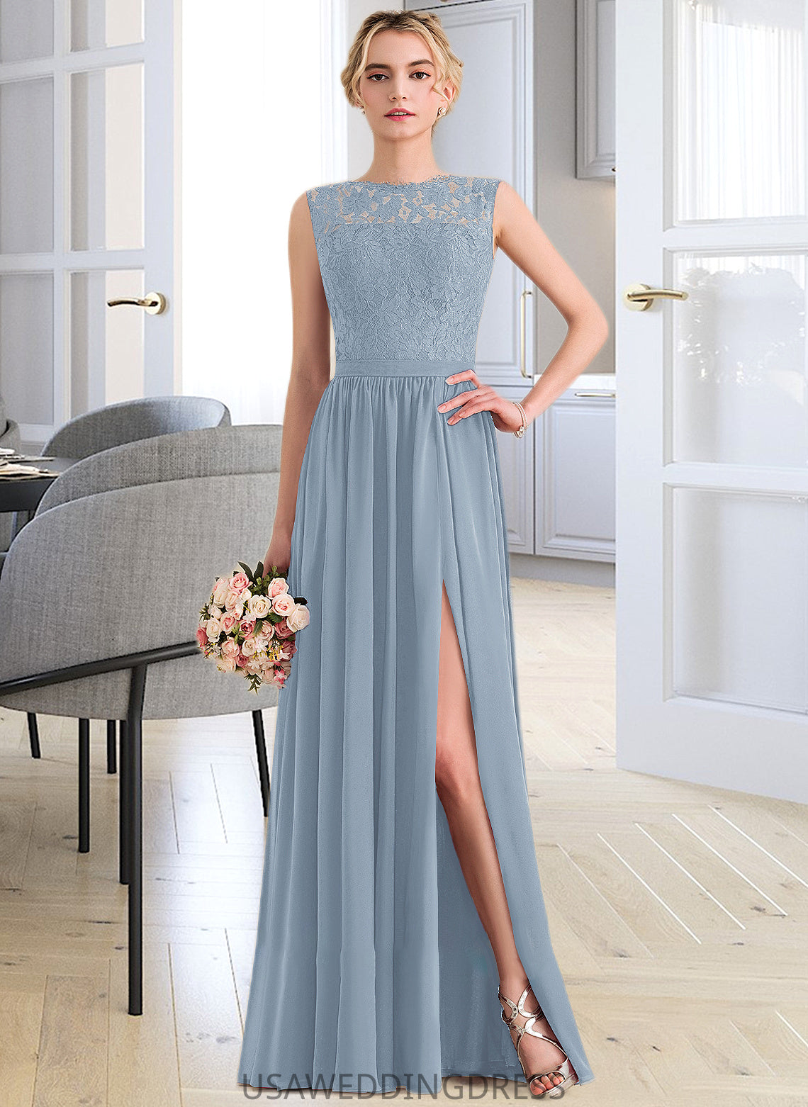 Lailah A-Line Scoop Neck Floor-Length Chiffon Lace Bridesmaid Dress With Split Front DSP0013114