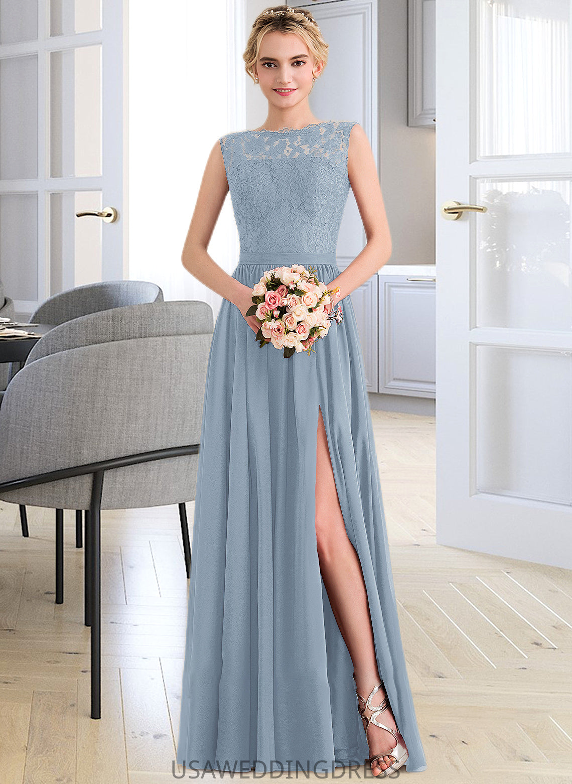 Lailah A-Line Scoop Neck Floor-Length Chiffon Lace Bridesmaid Dress With Split Front DSP0013114