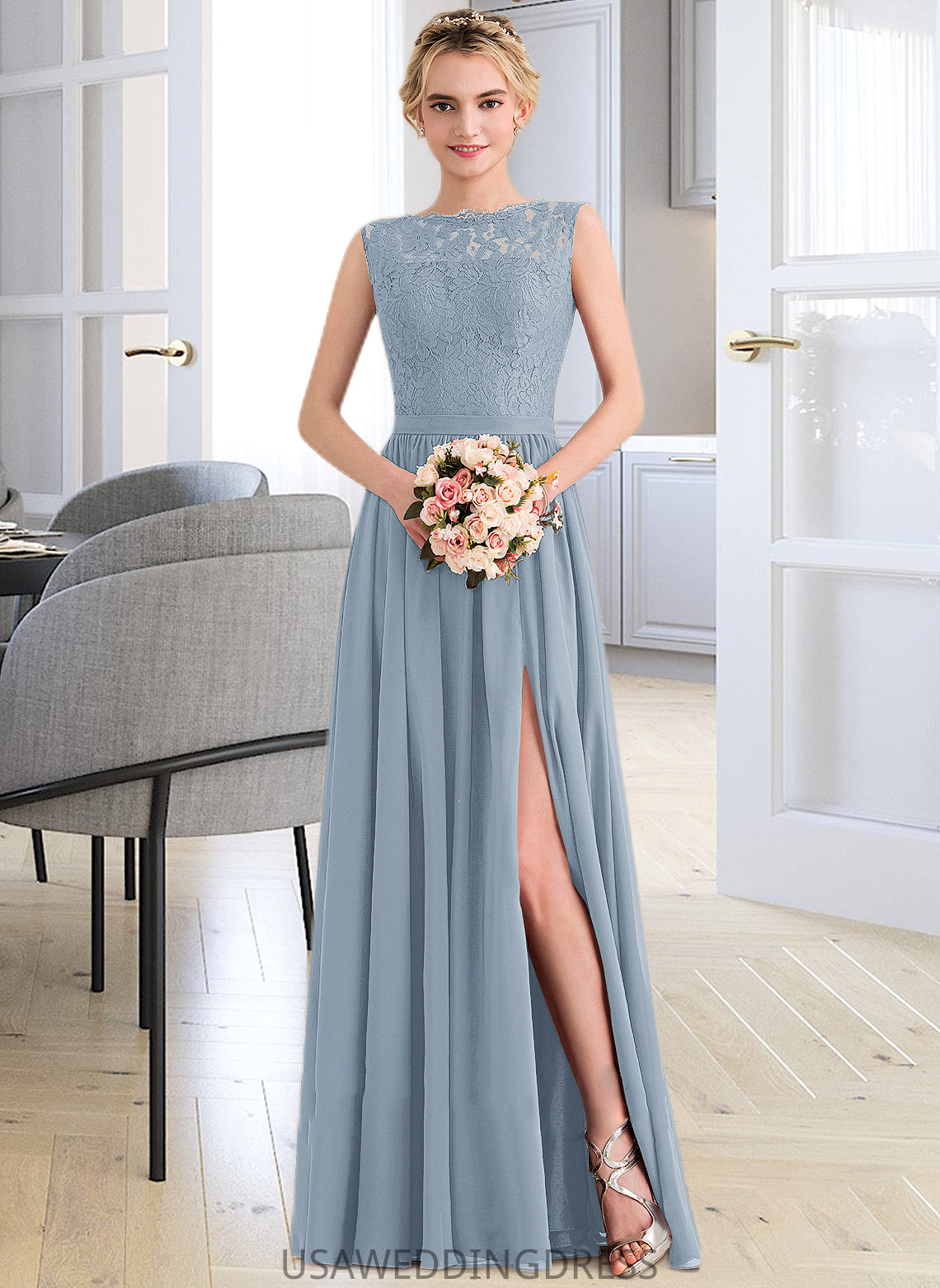 Lailah A-Line Scoop Neck Floor-Length Chiffon Lace Bridesmaid Dress With Split Front DSP0013114