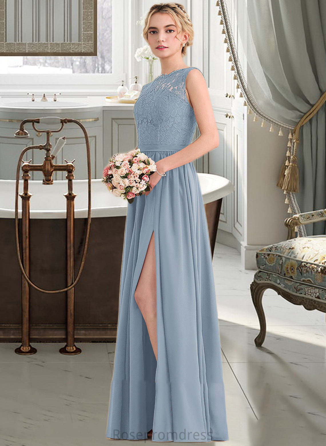 Mavis A-Line Scoop Neck Floor-Length Chiffon Lace Bridesmaid Dress With Split Front SRSP0013114