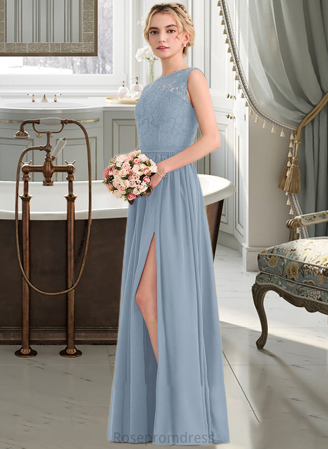 Mavis A-Line Scoop Neck Floor-Length Chiffon Lace Bridesmaid Dress With Split Front SRSP0013114