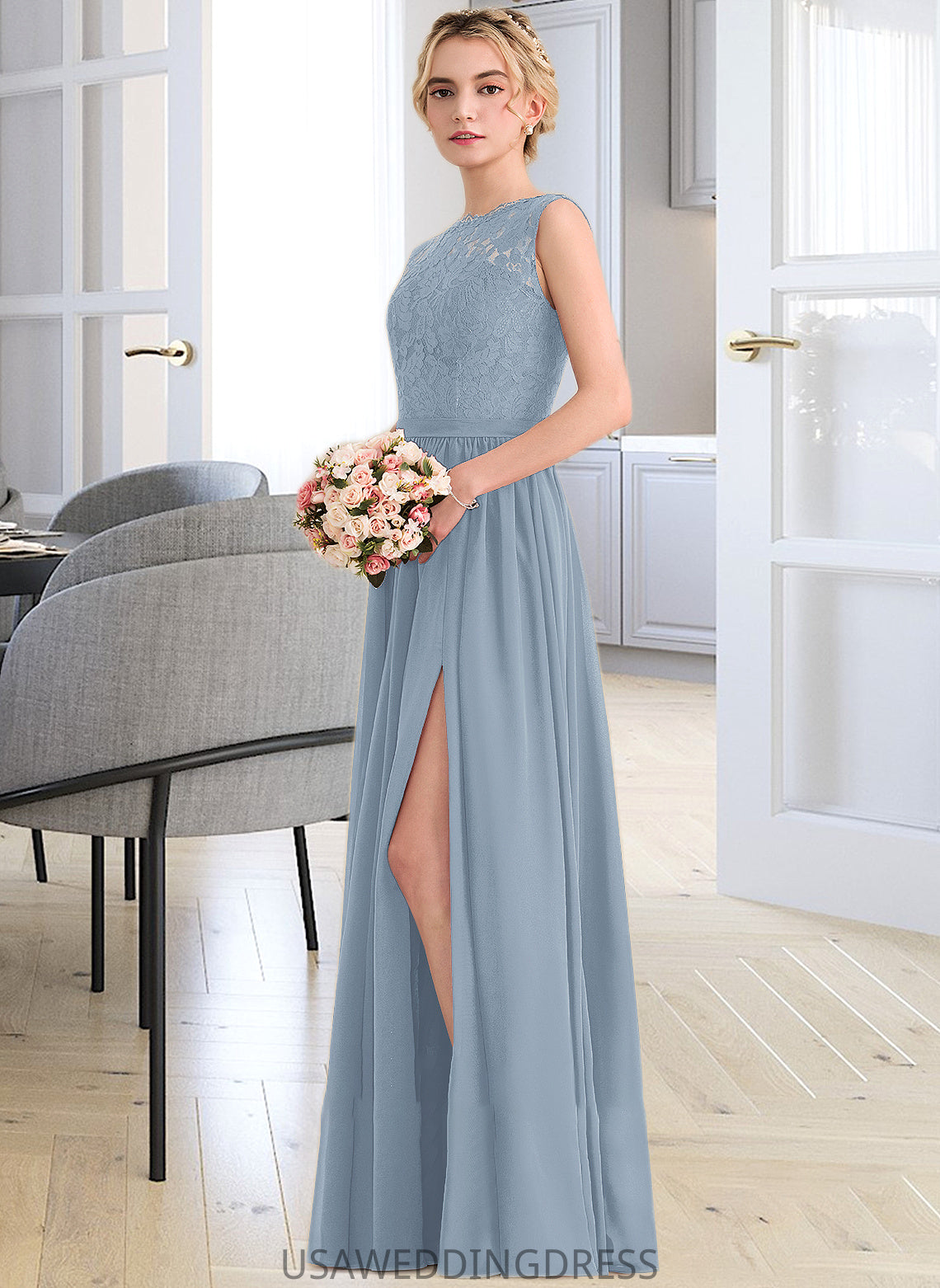 Lailah A-Line Scoop Neck Floor-Length Chiffon Lace Bridesmaid Dress With Split Front DSP0013114