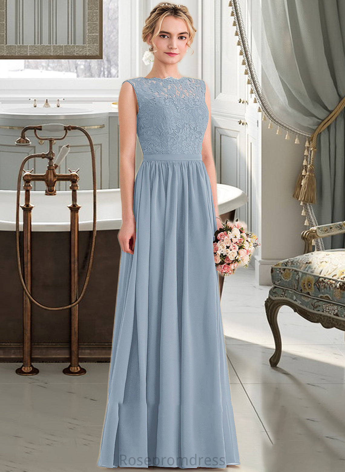 Mavis A-Line Scoop Neck Floor-Length Chiffon Lace Bridesmaid Dress With Split Front SRSP0013114