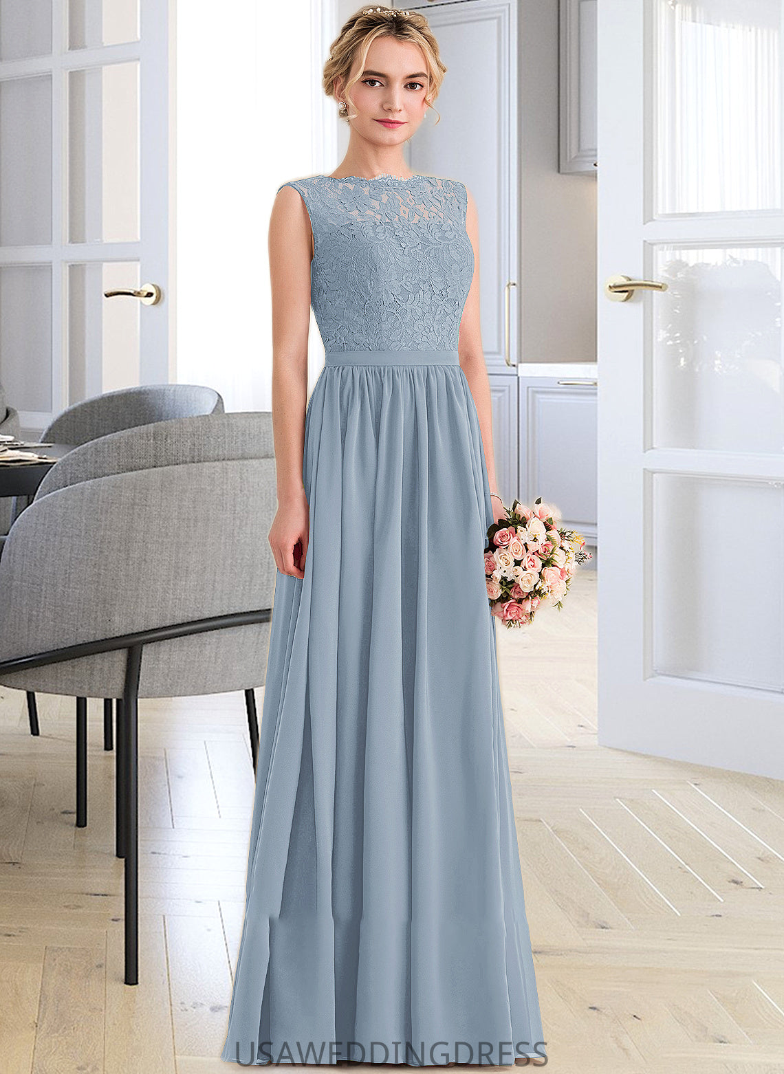 Lailah A-Line Scoop Neck Floor-Length Chiffon Lace Bridesmaid Dress With Split Front DSP0013114