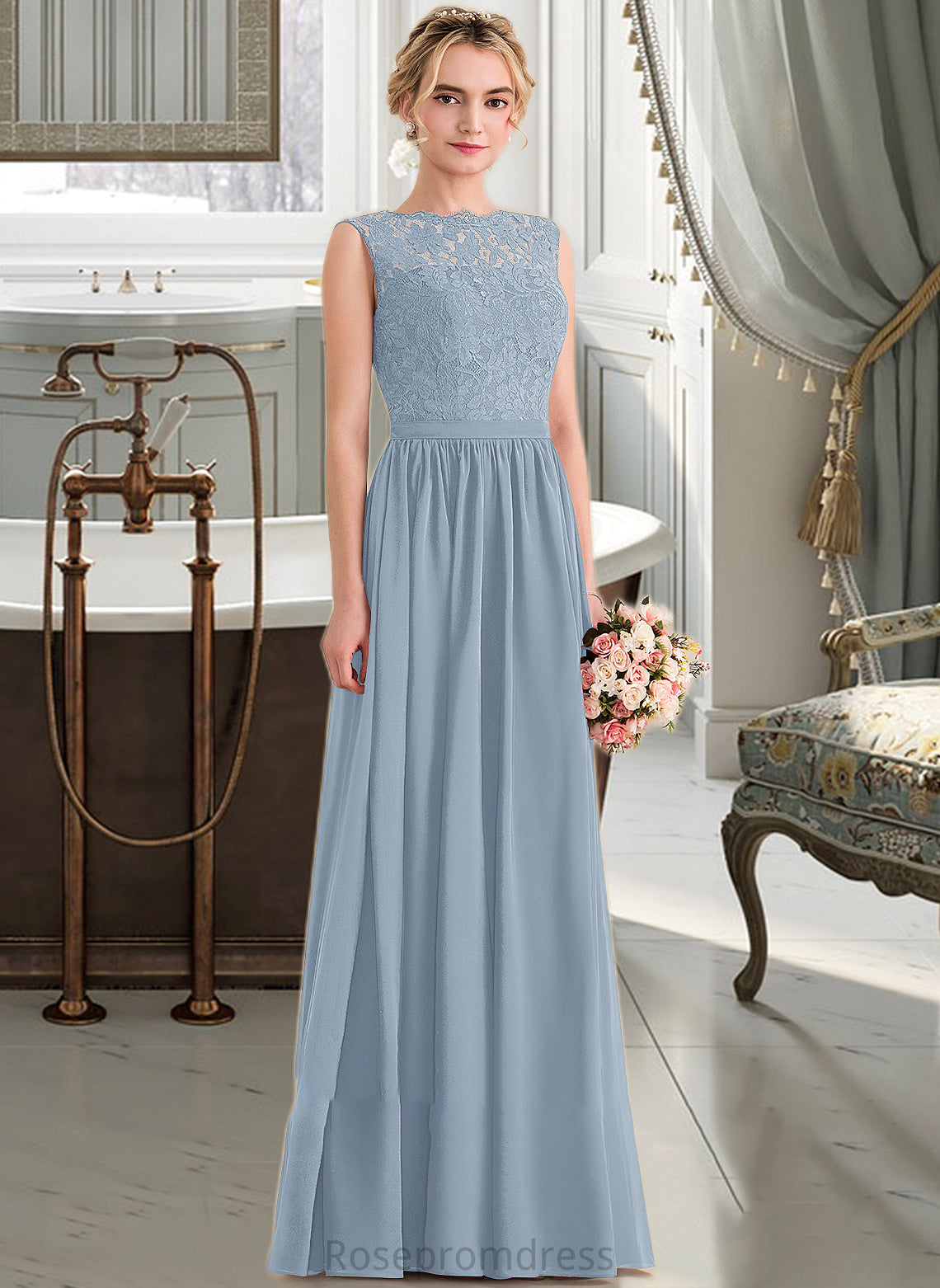 Mavis A-Line Scoop Neck Floor-Length Chiffon Lace Bridesmaid Dress With Split Front SRSP0013114
