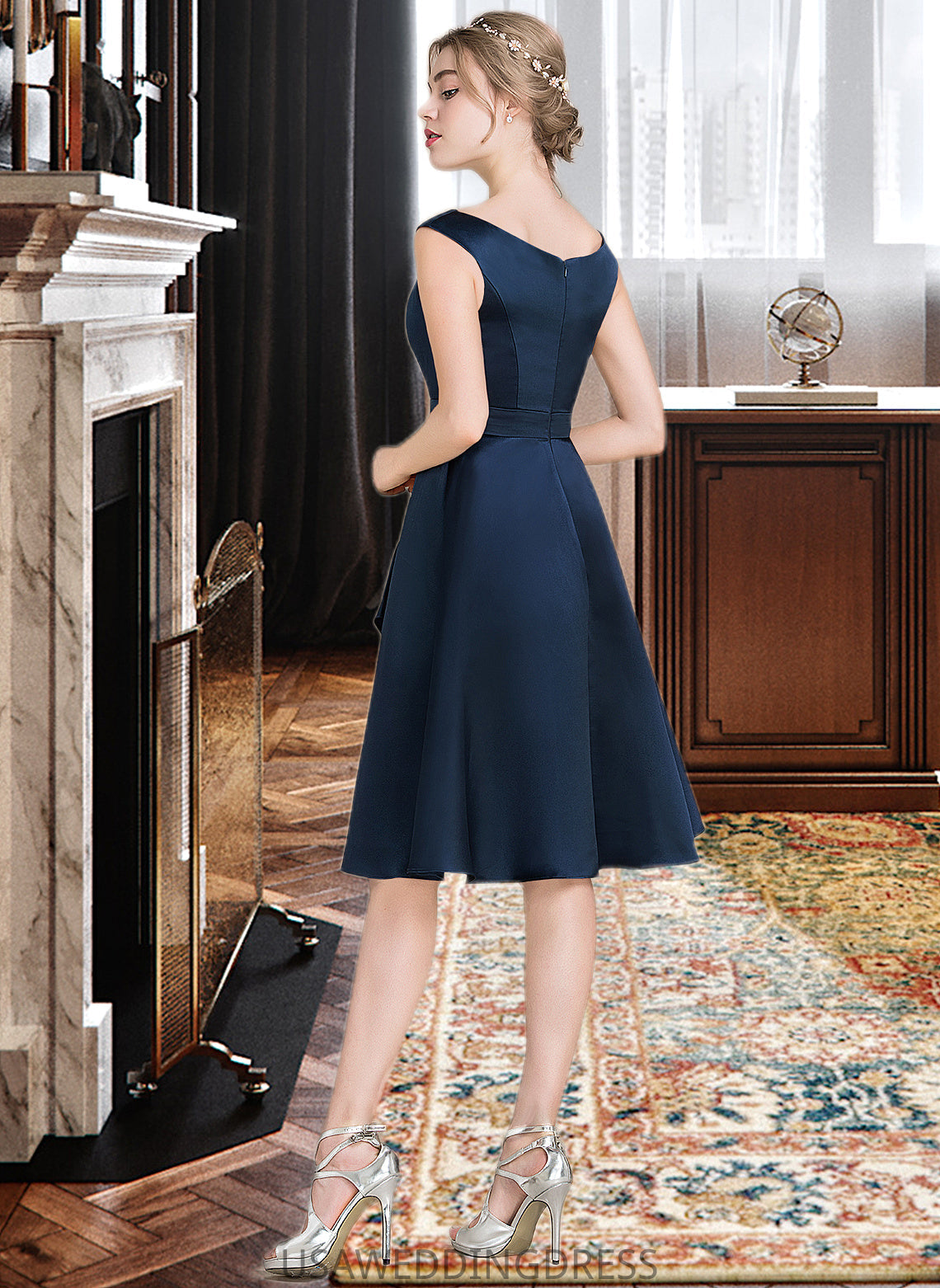 Kassandra A-Line Scoop Neck Knee-Length Satin Bridesmaid Dress With Cascading Ruffles DSP0013115