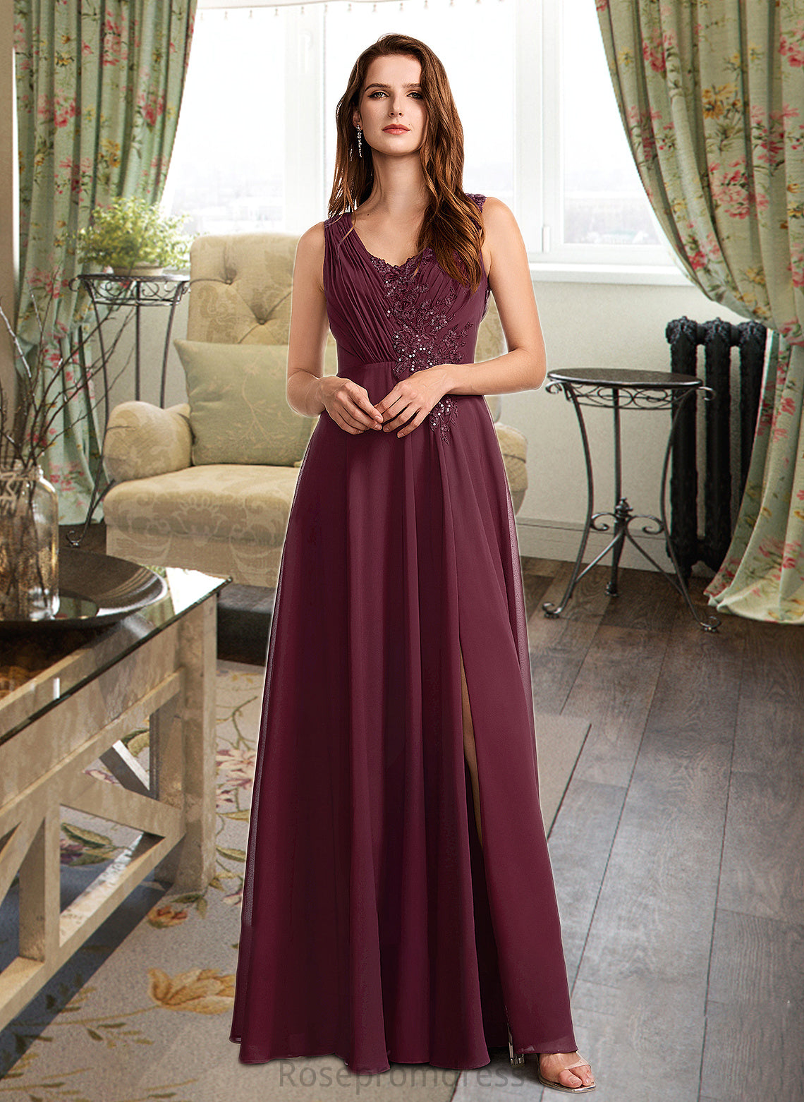 Justine A-Line V-neck Floor-Length Bridesmaid Dress With Lace SRSP0013117
