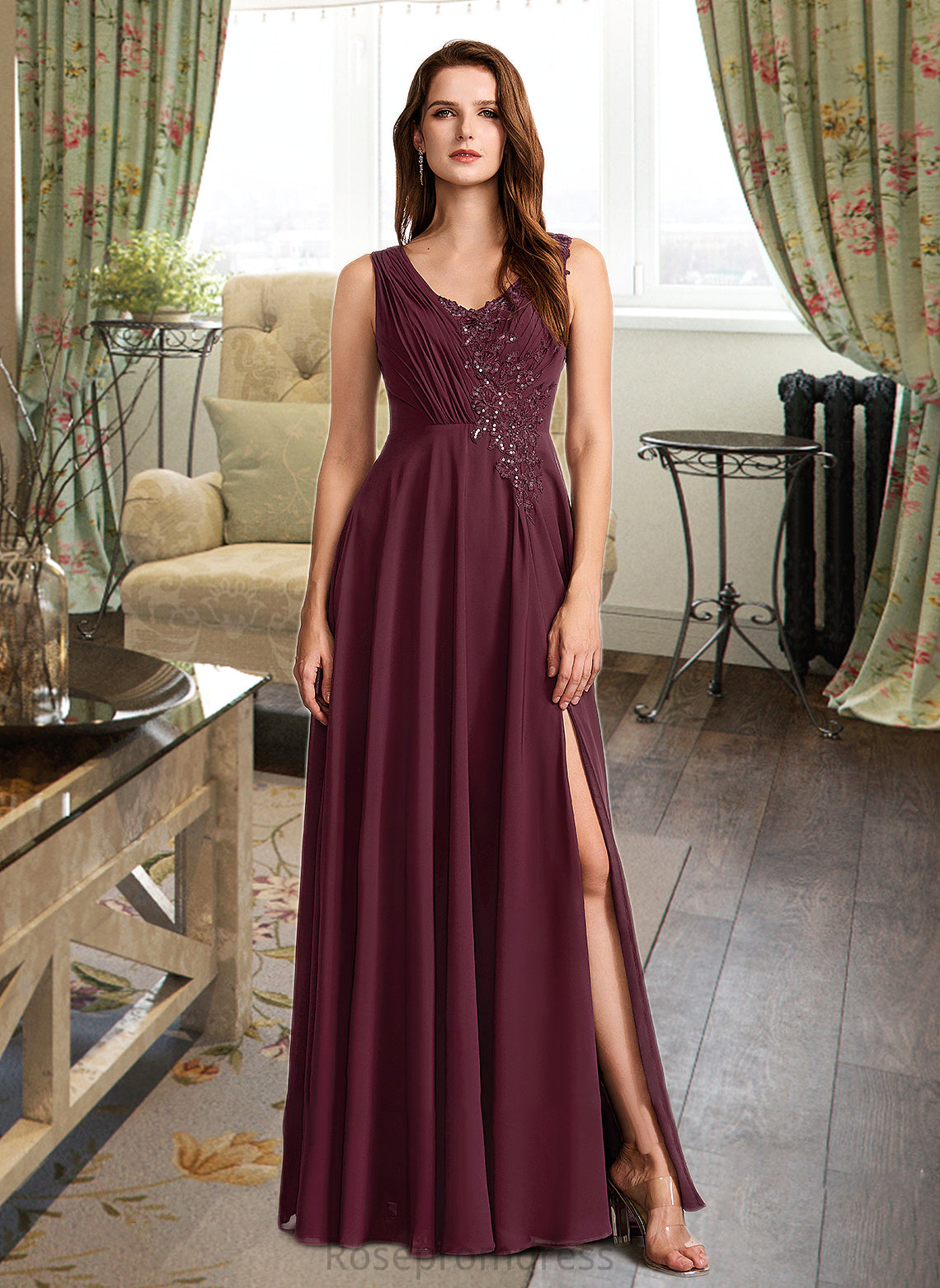 Justine A-Line V-neck Floor-Length Bridesmaid Dress With Lace SRSP0013117