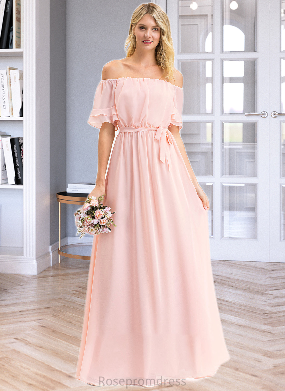 Genesis A-Line Off-the-Shoulder Floor-Length Chiffon Bridesmaid Dress With Bow(s) Cascading Ruffles SRSP0013121