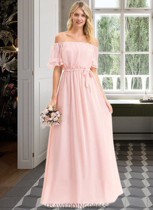 Halle A-Line Off-the-Shoulder Floor-Length Chiffon Bridesmaid Dress With Bow(s) Cascading Ruffles DSP0013121