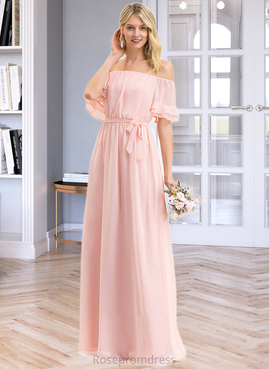 Genesis A-Line Off-the-Shoulder Floor-Length Chiffon Bridesmaid Dress With Bow(s) Cascading Ruffles SRSP0013121