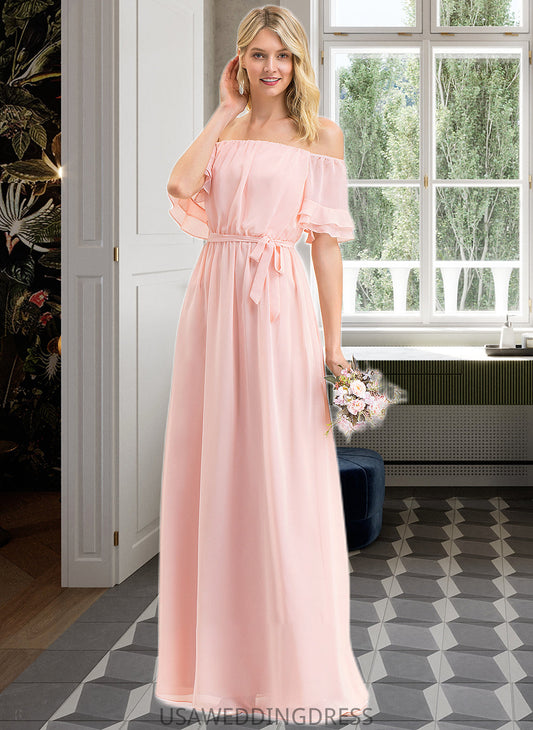 Halle A-Line Off-the-Shoulder Floor-Length Chiffon Bridesmaid Dress With Bow(s) Cascading Ruffles DSP0013121