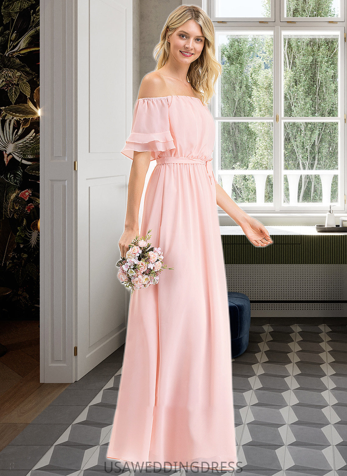 Halle A-Line Off-the-Shoulder Floor-Length Chiffon Bridesmaid Dress With Bow(s) Cascading Ruffles DSP0013121