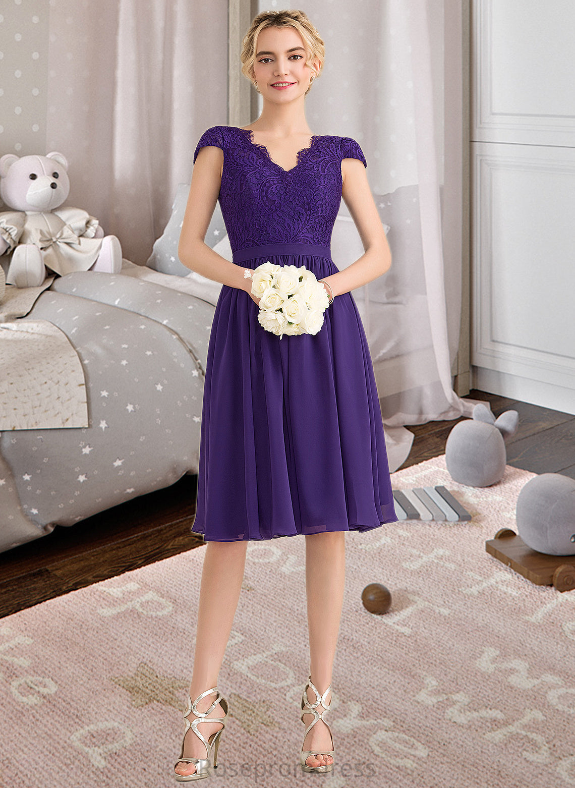 Jaden A-Line V-neck Knee-Length Chiffon Lace Bridesmaid Dress SRSP0013122