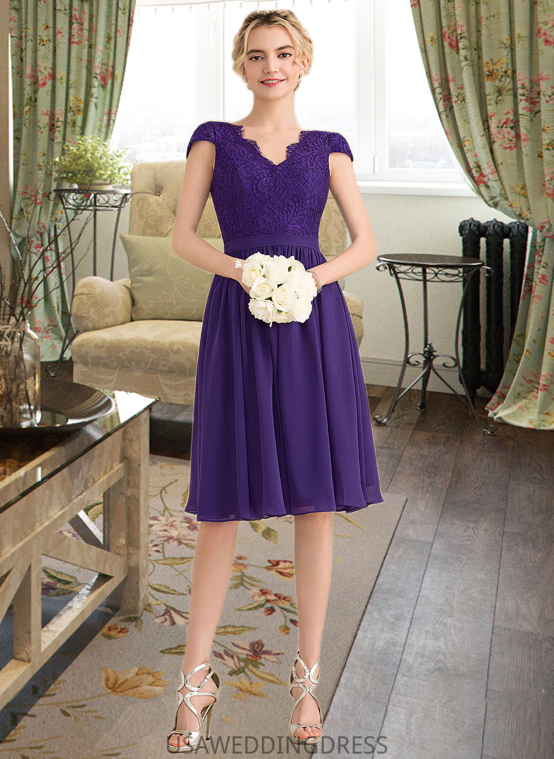 Noemi A-Line V-neck Knee-Length Chiffon Lace Bridesmaid Dress DSP0013122