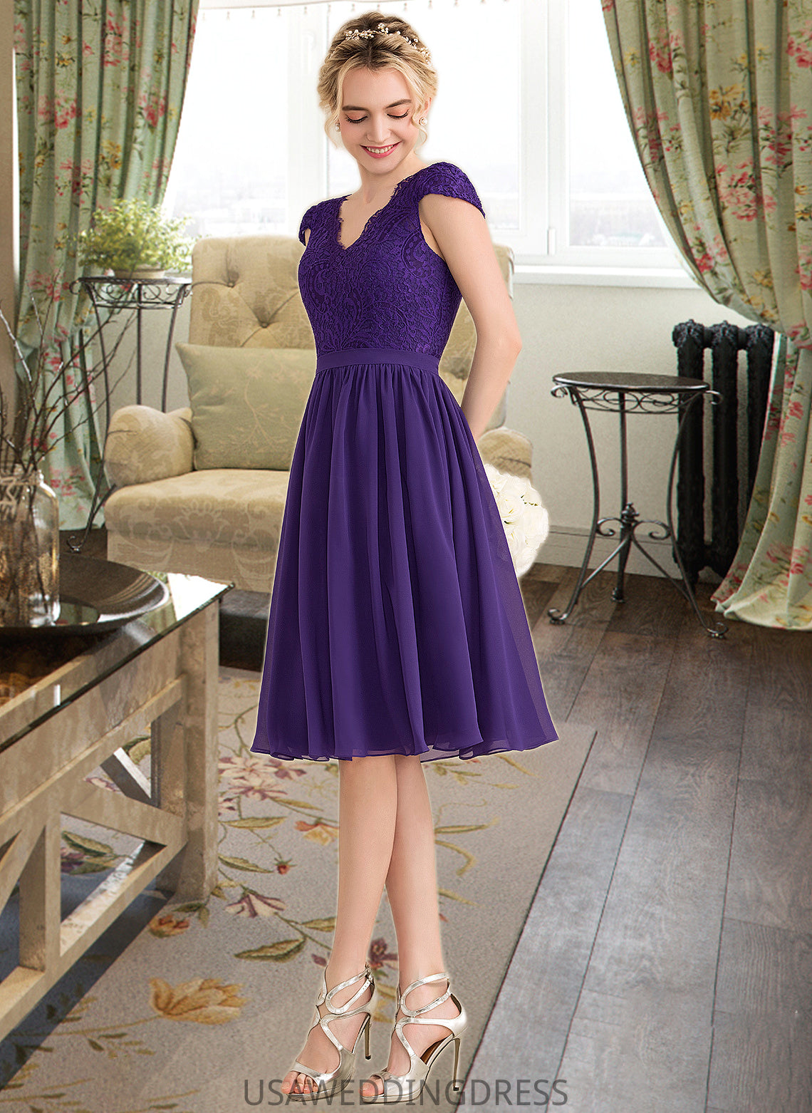 Noemi A-Line V-neck Knee-Length Chiffon Lace Bridesmaid Dress DSP0013122
