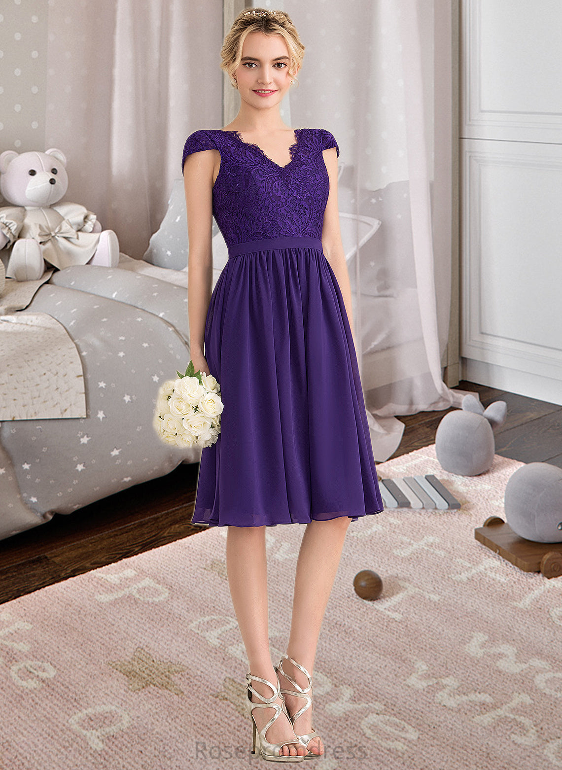 Jaden A-Line V-neck Knee-Length Chiffon Lace Bridesmaid Dress SRSP0013122