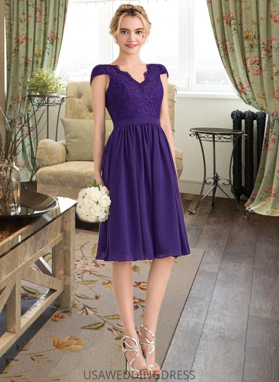 Noemi A-Line V-neck Knee-Length Chiffon Lace Bridesmaid Dress DSP0013122