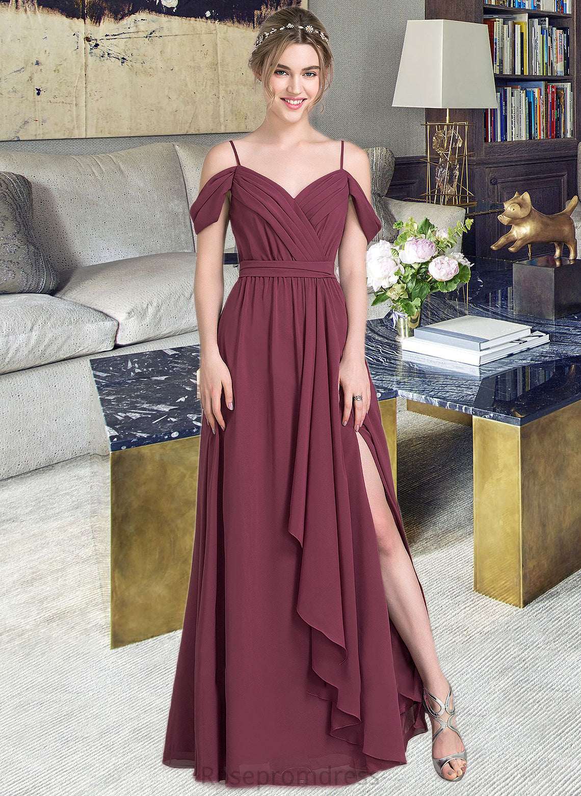 Adrianna A-Line V-neck Floor-Length Chiffon Bridesmaid Dress With Bow(s) Split Front Cascading Ruffles SRSP0013123