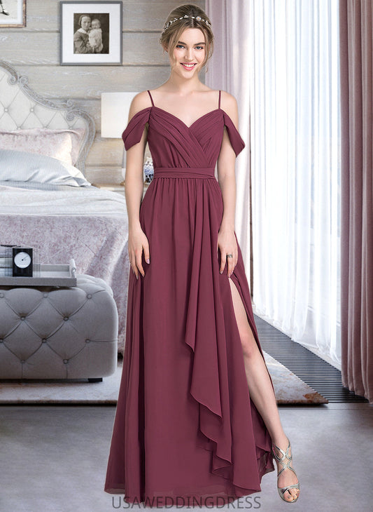 Henrietta A-Line V-neck Floor-Length Chiffon Bridesmaid Dress With Bow(s) Split Front Cascading Ruffles DSP0013123