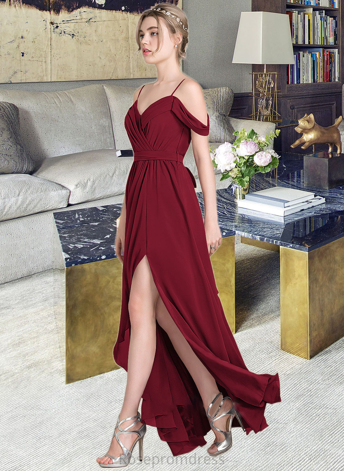Adrianna A-Line V-neck Floor-Length Chiffon Bridesmaid Dress With Bow(s) Split Front Cascading Ruffles SRSP0013123