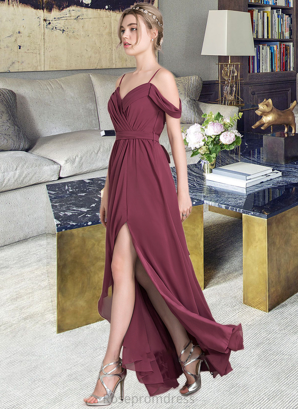 Adrianna A-Line V-neck Floor-Length Chiffon Bridesmaid Dress With Bow(s) Split Front Cascading Ruffles SRSP0013123