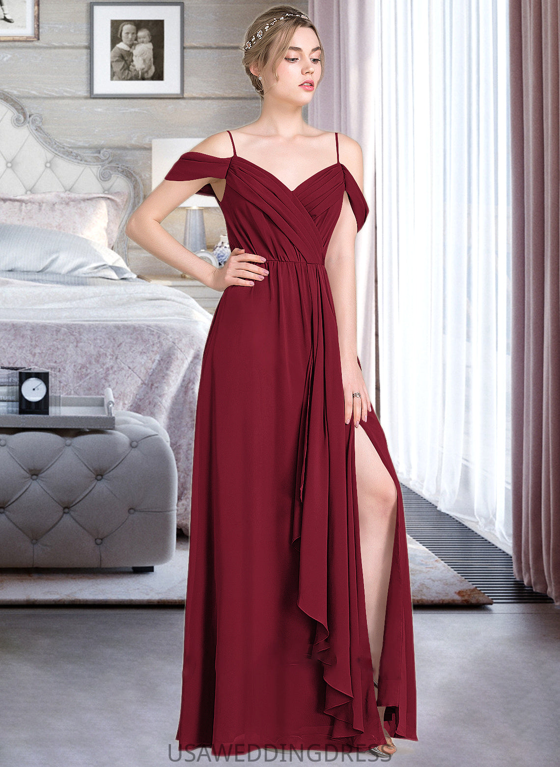 Henrietta A-Line V-neck Floor-Length Chiffon Bridesmaid Dress With Bow(s) Split Front Cascading Ruffles DSP0013123