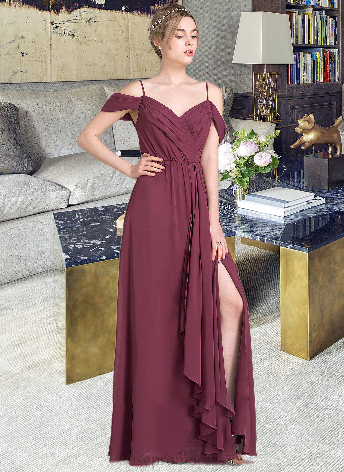 Adrianna A-Line V-neck Floor-Length Chiffon Bridesmaid Dress With Bow(s) Split Front Cascading Ruffles SRSP0013123