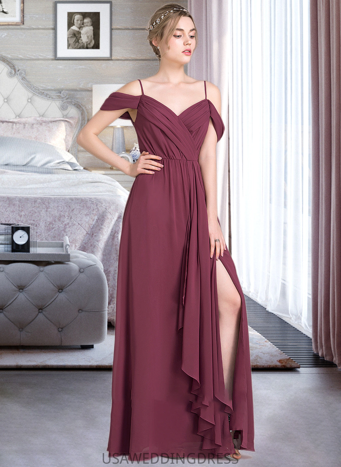 Henrietta A-Line V-neck Floor-Length Chiffon Bridesmaid Dress With Bow(s) Split Front Cascading Ruffles DSP0013123