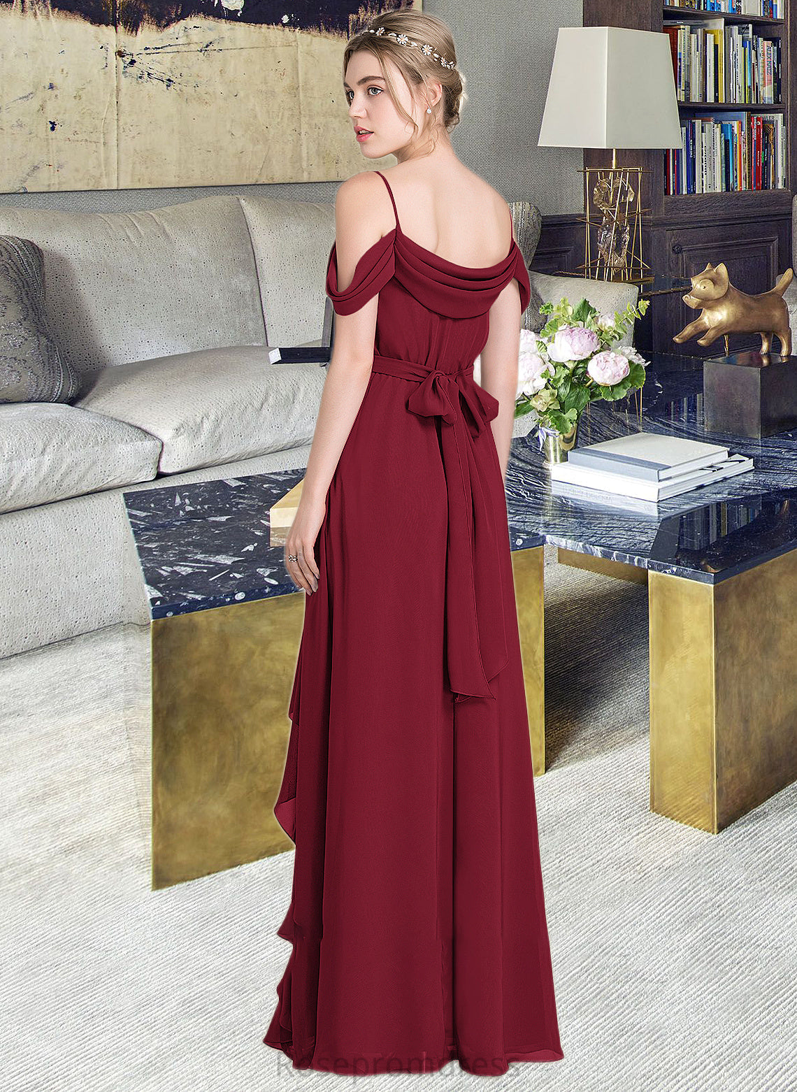 Adrianna A-Line V-neck Floor-Length Chiffon Bridesmaid Dress With Bow(s) Split Front Cascading Ruffles SRSP0013123