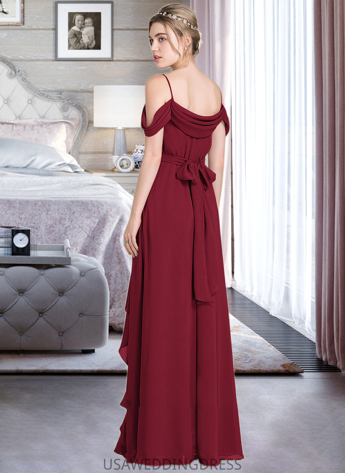 Henrietta A-Line V-neck Floor-Length Chiffon Bridesmaid Dress With Bow(s) Split Front Cascading Ruffles DSP0013123