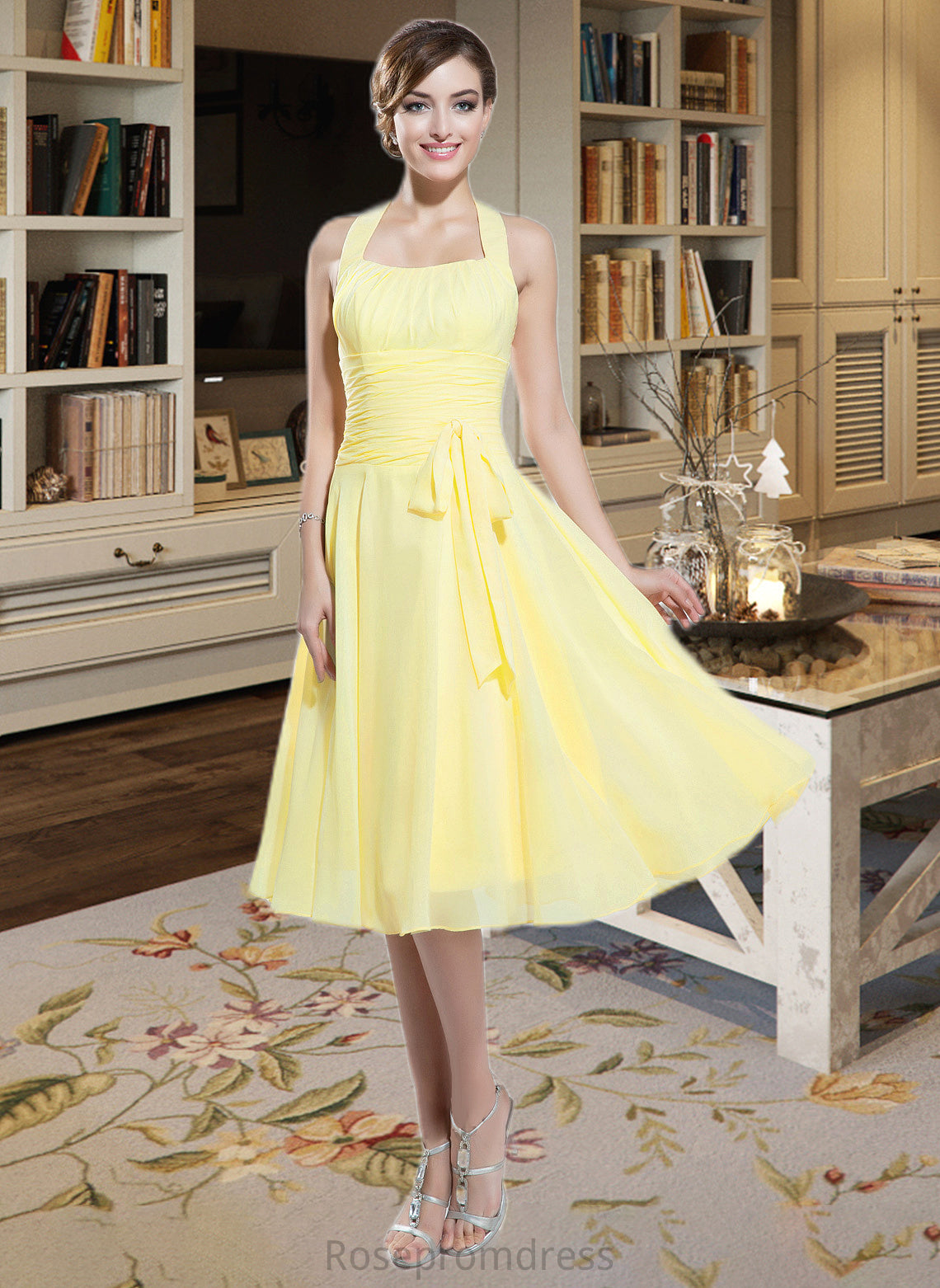 Yuliana Halter Empire Knee-length Chiffon Bridesmaid Dress With Ruffle Bow(s) SRSP0013124