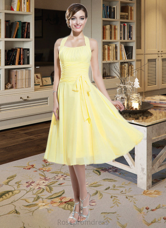 Yuliana Halter Empire Knee-length Chiffon Bridesmaid Dress With Ruffle Bow(s) SRSP0013124