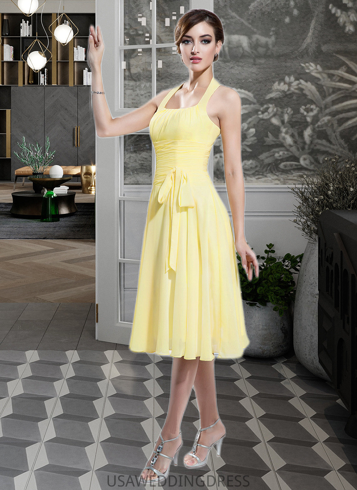 Anna Halter Empire Knee-length Chiffon Bridesmaid Dress With Ruffle Bow(s) DSP0013124