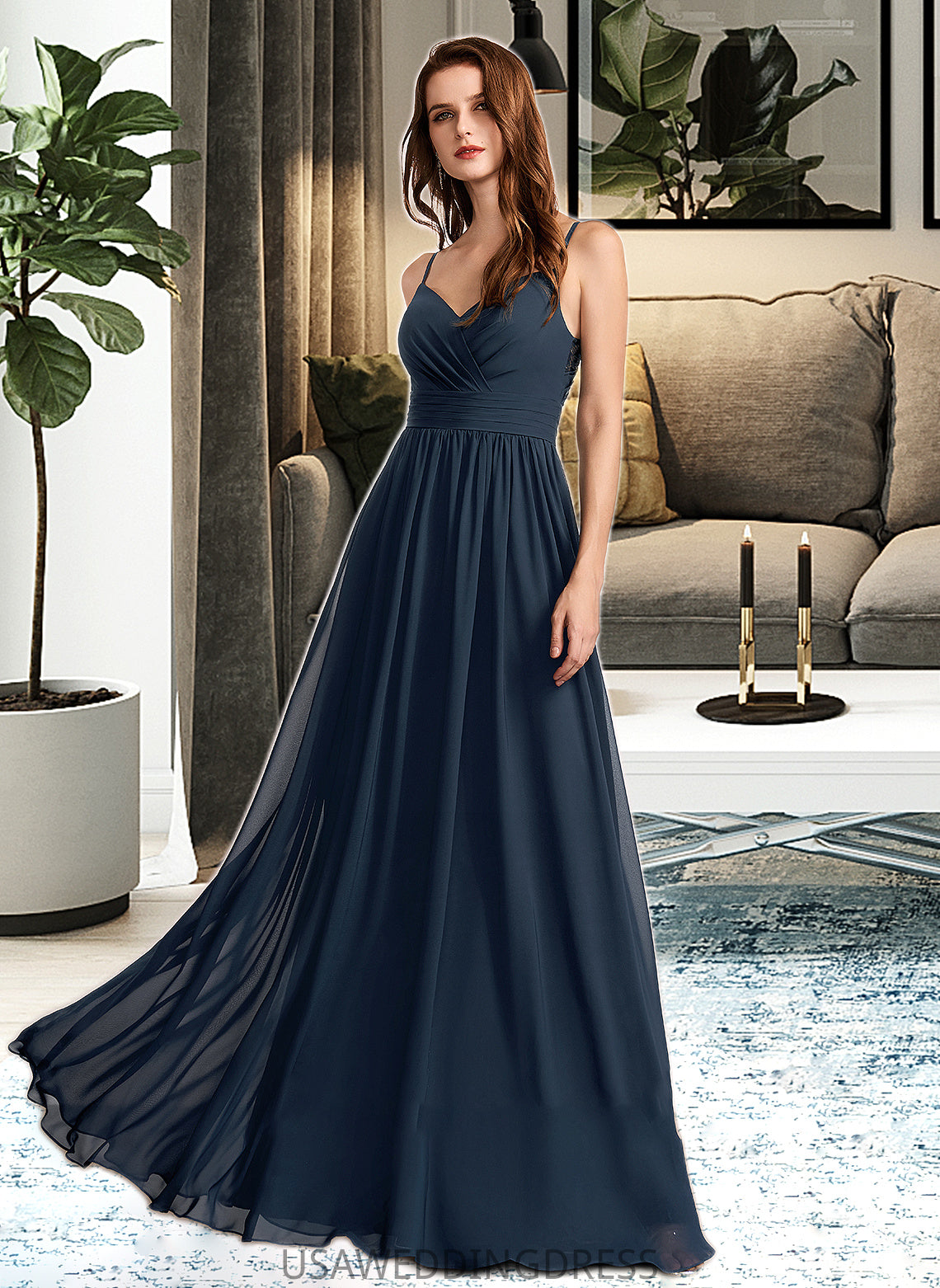 Maya A-Line V-neck Floor-Length Bridesmaid Dress With Lace DSP0013127