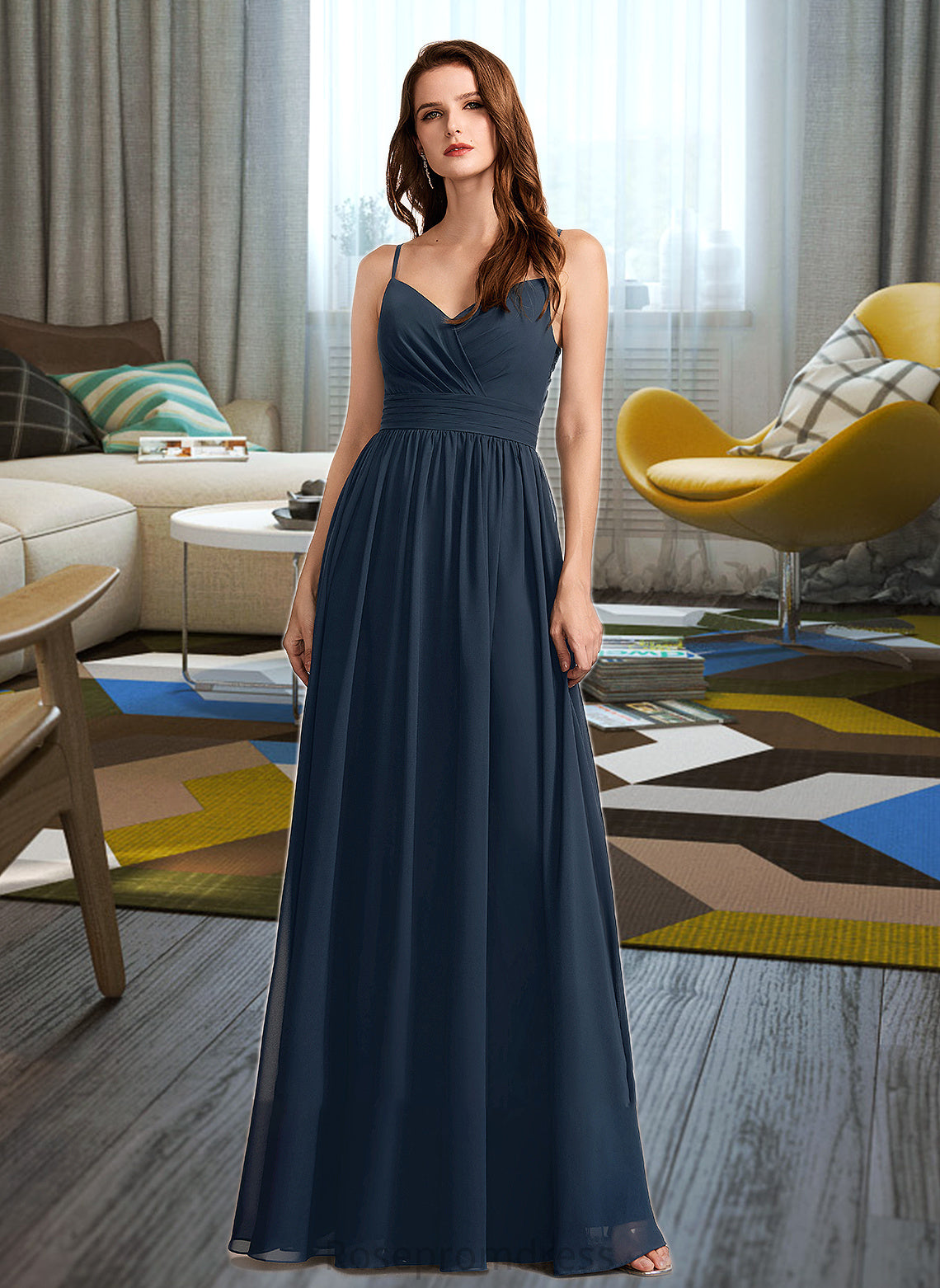 Lucille A-Line V-neck Floor-Length Bridesmaid Dress With Lace SRSP0013127